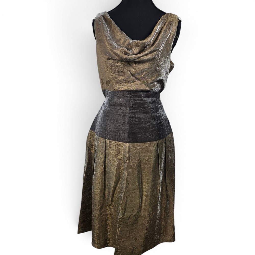 Adrianna Papell Metallic Bronze Pewter Woman Cocktail Dress 10 Cowl Neck Keyhole